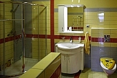 yellow, glazed tile, tiles, douche, shower-bath, toilet, towel, lavatory, mirror, household, turkey towel, decor, furnishings, bathtub, bath, furniture, room, bathroom, door, door handle, pull handle, filing cabinet, cupboard, arched, curved, massage bath, flooring, carpet, rug, mosaic flag, red, drone, mustard yellow, black, brown, wall glazed tile, colourful, vivid, wall, tap, bibcock, jet, headboard, glass, wash, washing, grooming, relaxation, recreation, repose, rest, exclusive, design, CD 0016, Kiss Lszl, Lszl Kiss