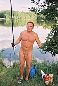 nudist man, fisher, trolling-rod, fish, reel, line, blue sky, cloud, river, INF, riverside, in a state of nature, in the buff, in the nude, nudity, nude, nakedness, body, russian naturist man, nudism, naturist, man, naked, stripped, nude man, sun, sunshine, naturism, russian, russian naturist, nudist, waterfront, nature, outdoors, without doors, recreation, relaxation, repose, rest, entertainment, grass, in the grass, Moscow, Russia, CD 0097