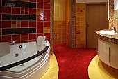 decor, furnishings, bathtub, bath, furniture, room, bathroom, door, door handle, pull handle, filing cabinet, cupboard, arched, curved, household, massage bath, glazed tile, tiles, flooring, carpet, rug, mosaic flag, lavatory, red, drone, yellow, mustard yellow, black, brown, wall glazed tile, colourful, vivid, wall, tap, bibcock, jet, headboard, glass, wash, washing, grooming, relaxation, recreation, repose, rest, exclusive, design, CD 0016, Kiss Lszl, Lszl Kiss