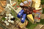 cheese, crescent roll, grapes, apple, leaf, leaves, desk, cover, spread, table cloth, food, fruit, dairy product, packet, packing, curd cheese, cube, basil, goat cheese, sheep, chipped, Kiss L�szl�, L�szl� Kiss