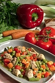 pea, green pea, meat, pork, bacon, carrot, French bean, haricot, string bean, red pepper, tomato, onion, vegetable, vegetable stew, health, healthy nutrition, healthy food, diet food, dietary, braised, boiled, oil, dripping, gravy, CD 0021, Kiss László, László Kiss