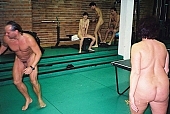 naturist, nudist, naturism, nudism, naturist programme, sporting, fkk, INF, table tennis, pingpong, sportive, weight-lifting, team, groups, naked, stripped, unclothed, in a state of nature, in the buff, in the nude, nude, body, man, woman, gymnastics, sport, gymnasium, gymnasia, training, recreation, relaxation, repose, rest, entertainment, wall bars, table-tennis bat, naturist girl, elte, Budapest, CD 0065