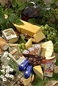 cheese, grapes, apple, leaf, leaves, desk, cover, spread, table cloth, food, fruit, wine, drink, glass, packet, packing, basil, crescent roll, dairy product, jug, pitcher, curd cheese, cube, Kiss Lszl, Lszl Kiss