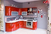 kitchen furniture, kitchen, furniture, decor, furnishings, interior decoration, design of furniture, household, pieces of furniture, holder of furniture, glass, glossy case, shelf, shelves, case, cases, front of door, bentwood of furniture, arched, curved, bent, counter, extractor fan, cooker, ceramics cooker, built-in cooker, red, white, exhibition room, kitchen studio, interior, interiors, CD 0023, Kiss László, László Kiss